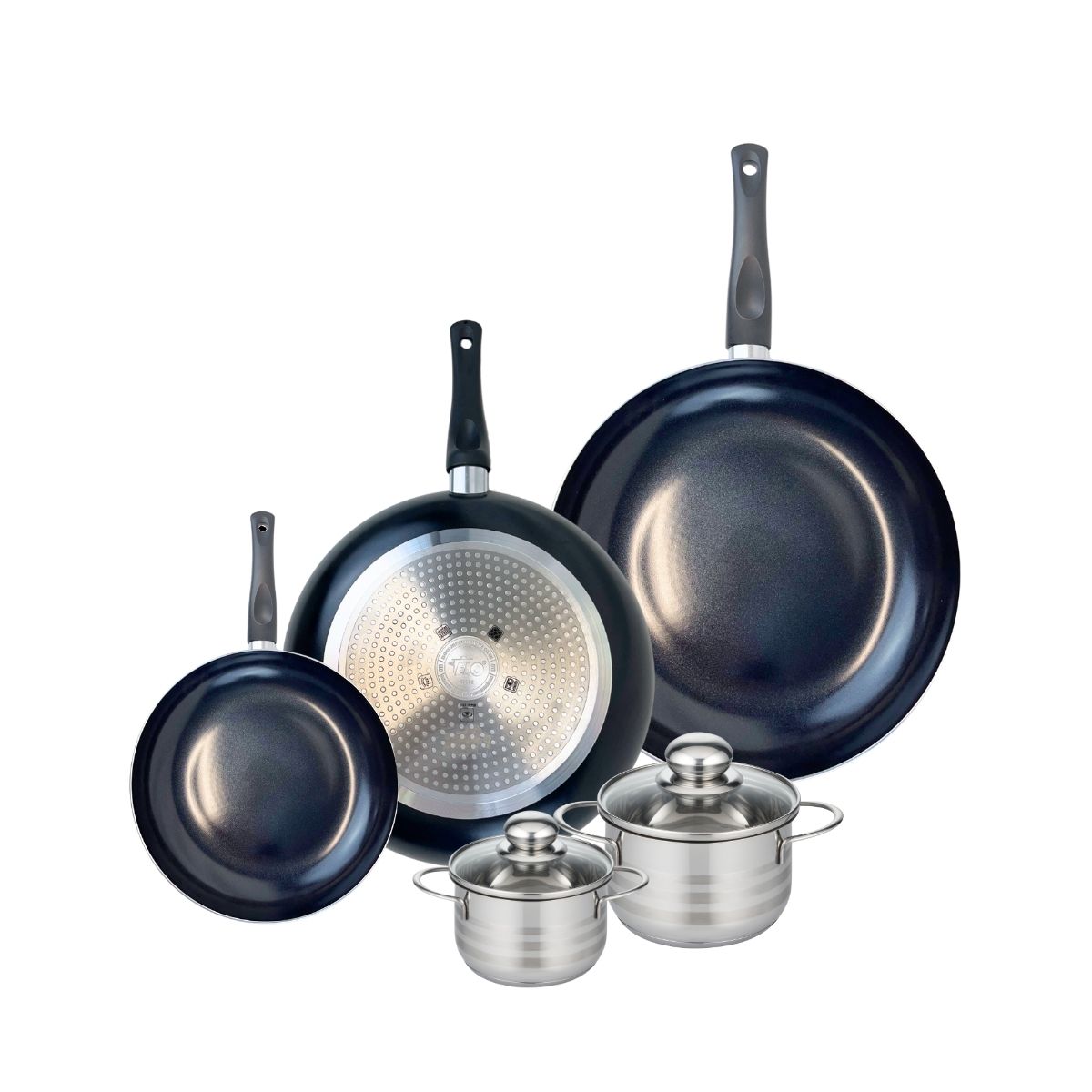 Ensemble de 3 Poêles de cuisson 20, 28 et 32 cm et 2 faitouts 12 et 14 cm  Prima Brillant Elo - Mathon - 1