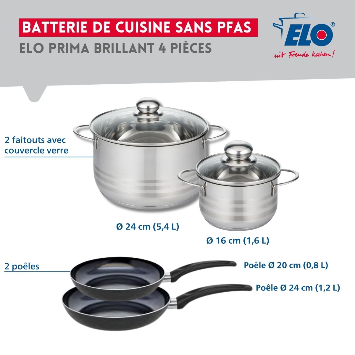 Ensemble de 2 Poêles de cuisson 20 et 24 cm et 2 faitouts 16 et 24 cm  Prima Brillant Elo - Mathon - 2
