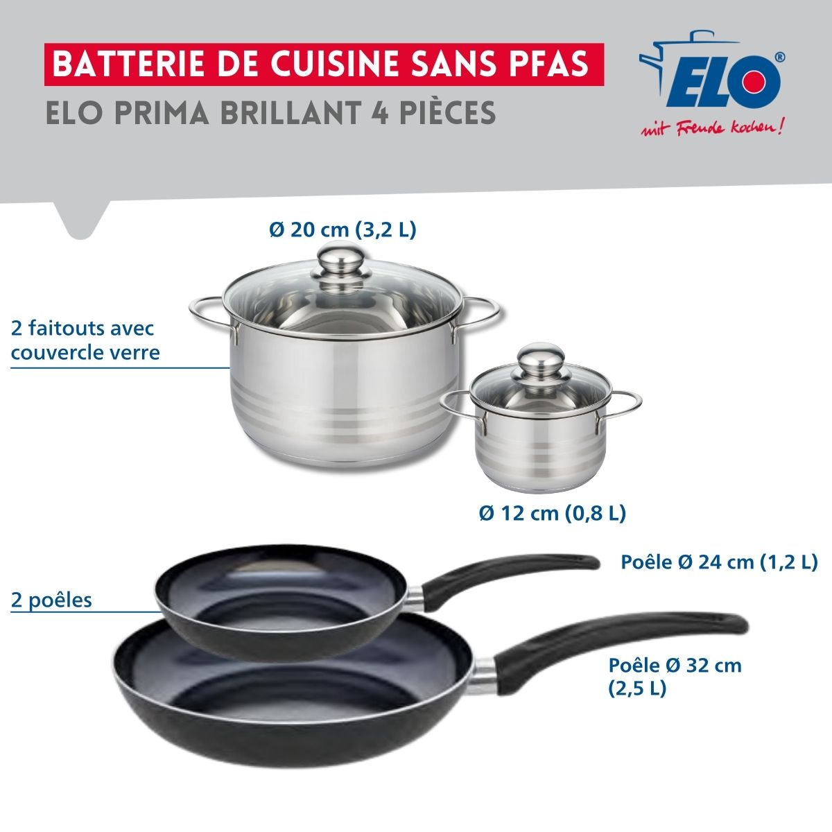 Ensemble de 2 Poêles de cuisson 24 et 32 cm et 2 faitouts 12 et 20 cm  Prima Brillant Elo - Mathon - 2