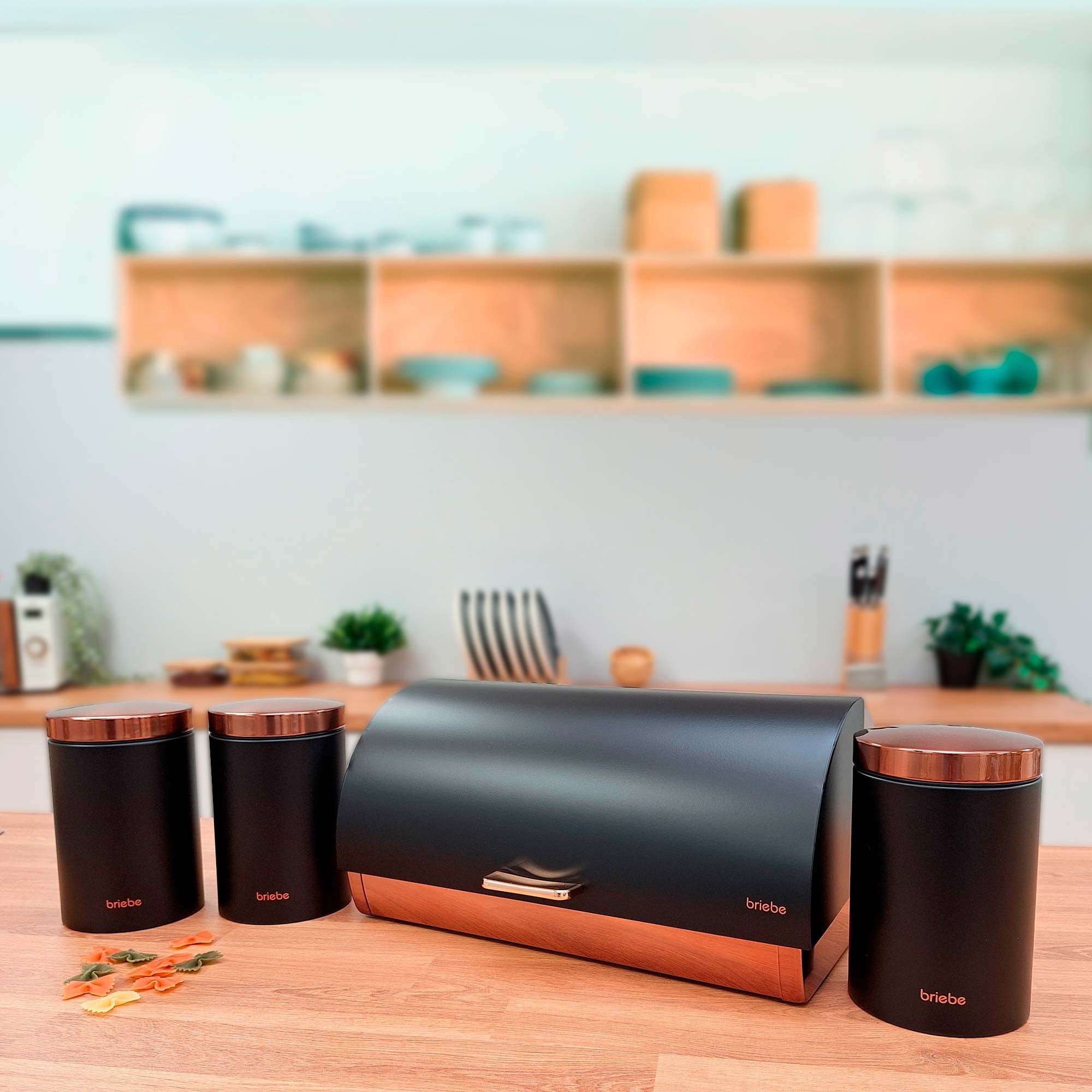 Ensemble Boîte à Pain + 3 Boîtes de Cuisine, Rangement, Acier Inoxydable  Noir Mat/Or Rose BB1161 - Mathon - 3