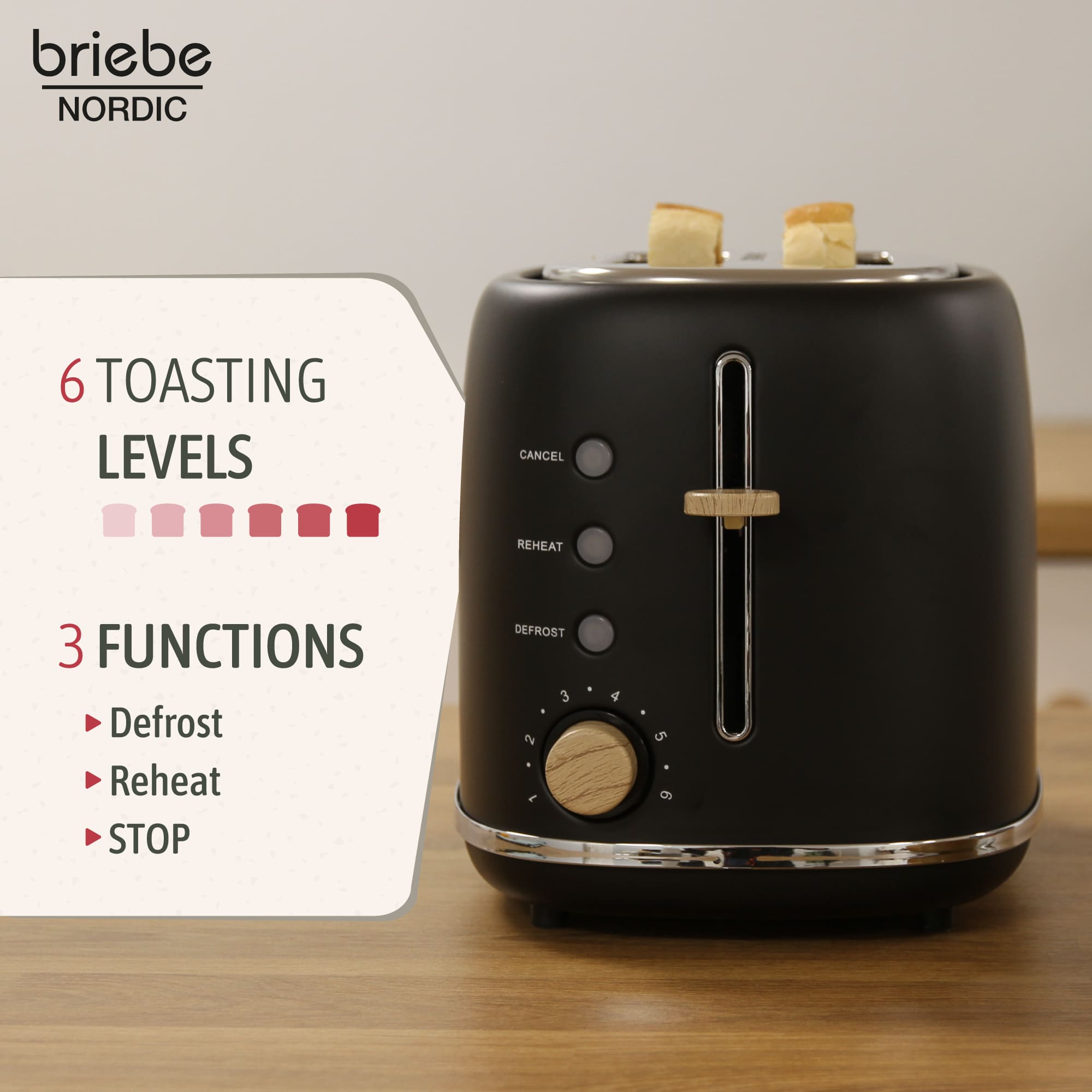 Nordic Grille Pain 2 Fentes, Tranches Larges, 6 Niveaux de Dorage, Décongélation 870 Noir TA1166BLK - Mathon - 3