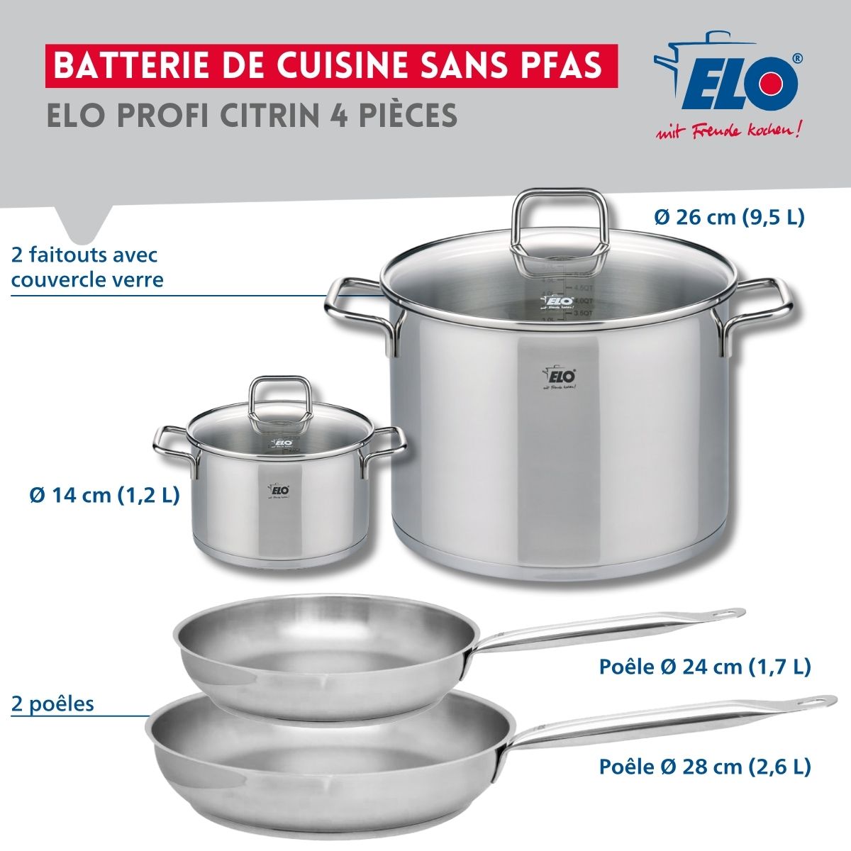 Set de 2 Poêles de cuisson 24 et 28 cm et 2 faitouts 14 et 26 cm  Profi Citrin Elo - Mathon - 2