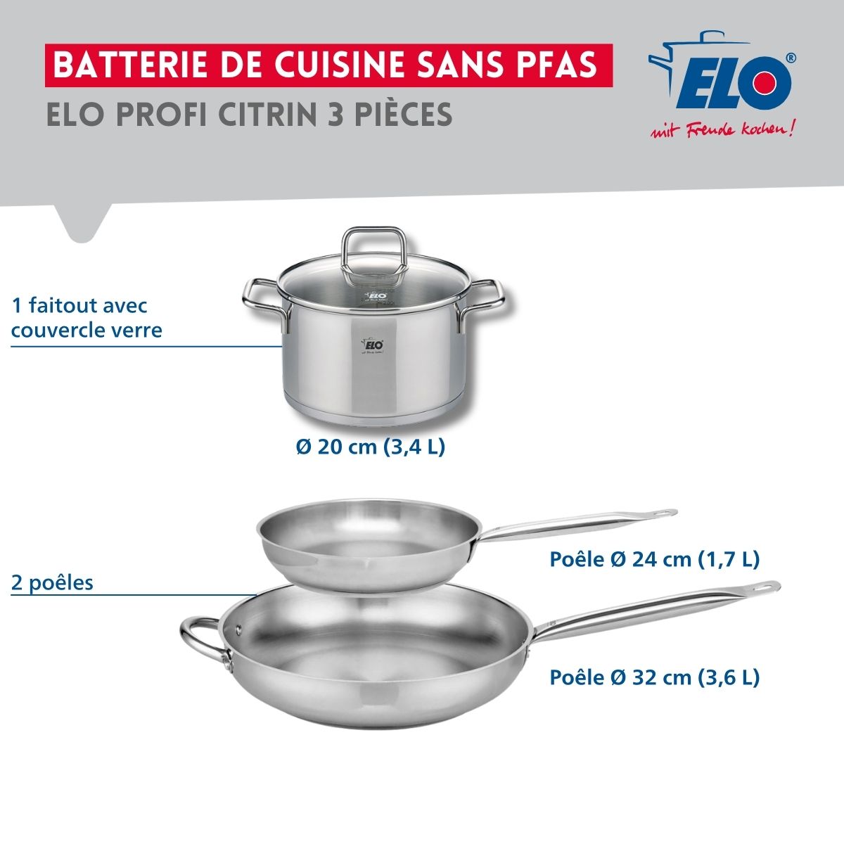 Ensemble de 2 Poêles de cuisson 24 et 32 cm et 1 faitout 20 cm  Profi Citrin Elo - Mathon - 2