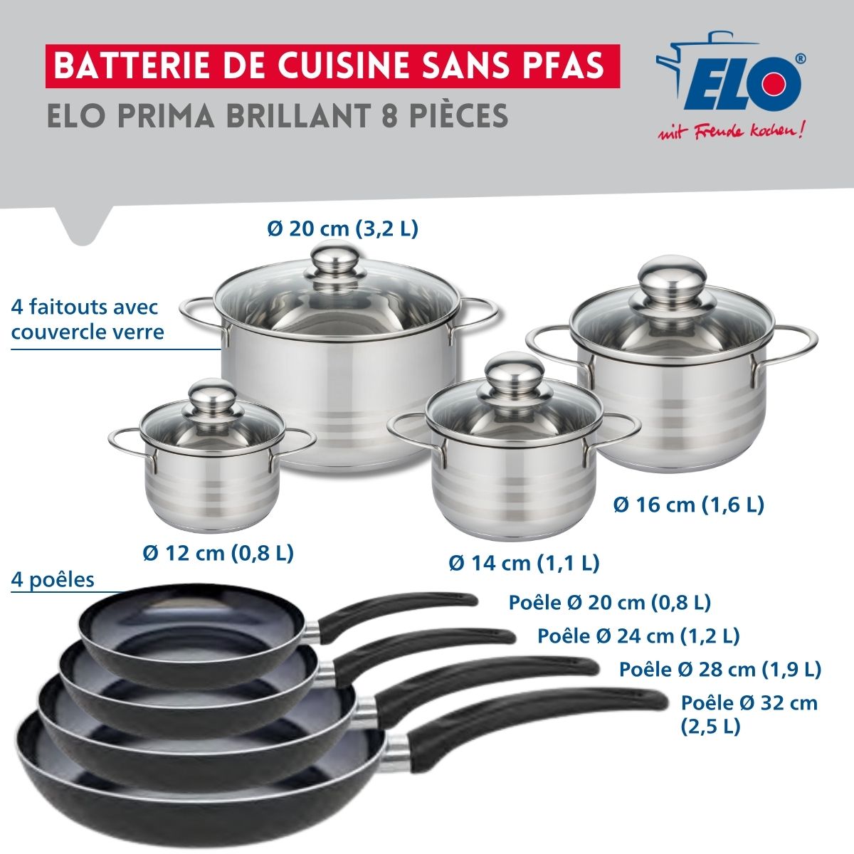 Ensemble de 4 Poêles de cuisson 20, 24, 28 et 32 cm et 4 faitouts 12, 14, 16 et 20 cm  Prima Brillant Elo - Mathon - 2