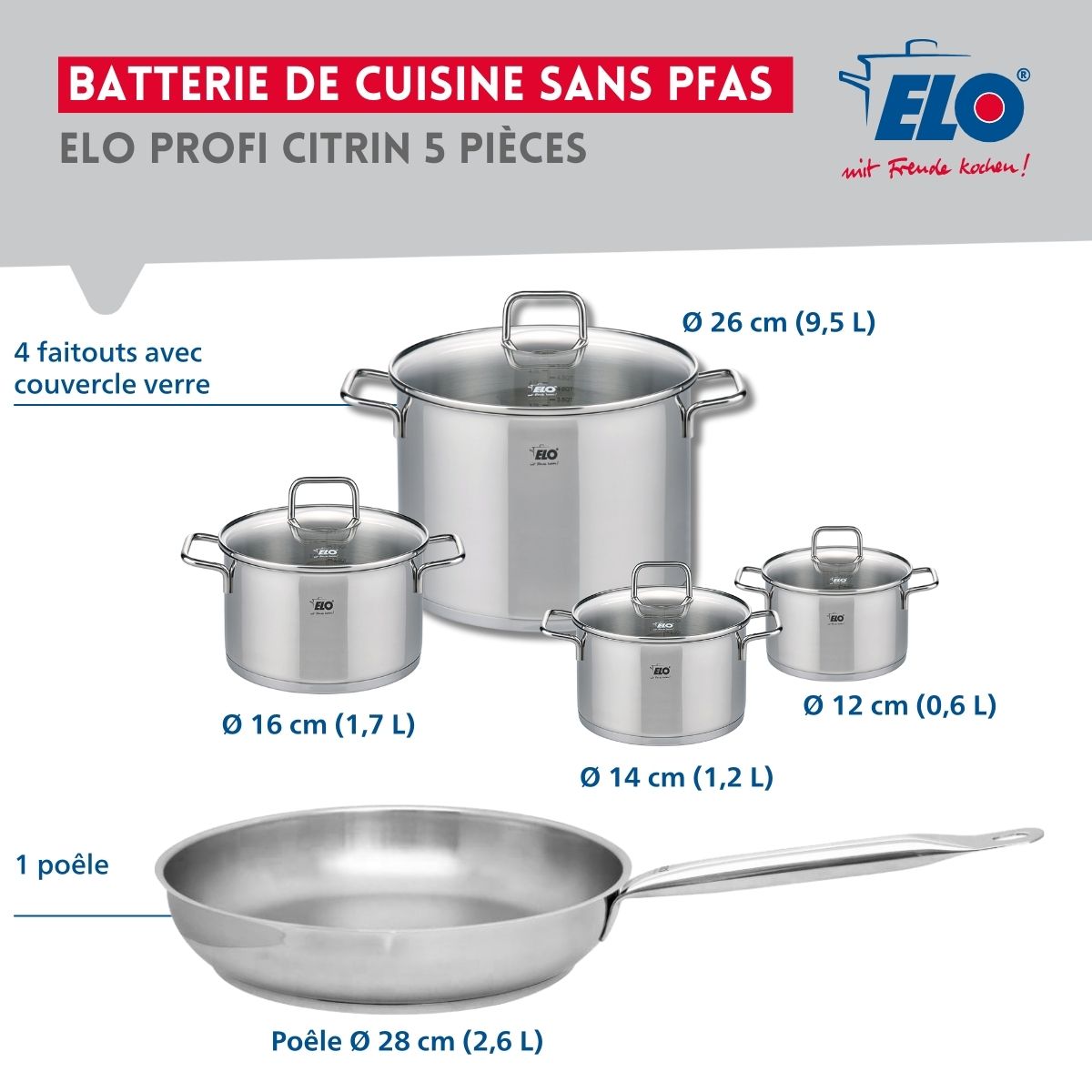 Ensemble de 1 Poêle de cuisson 28 cm et 4 faitouts 12, 14, 16 et 26 cm  Profi Citrin Elo - Mathon - 2