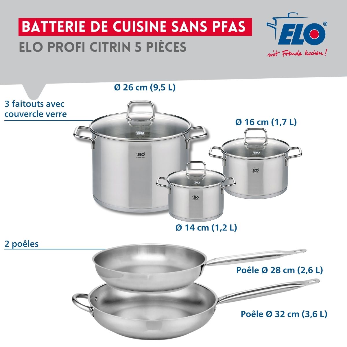Ensemble de 2 Poêles de cuisson 28 et 32 cm et 3 faitouts 14, 16 et 26 cm  Profi Citrin Elo - Mathon - 2