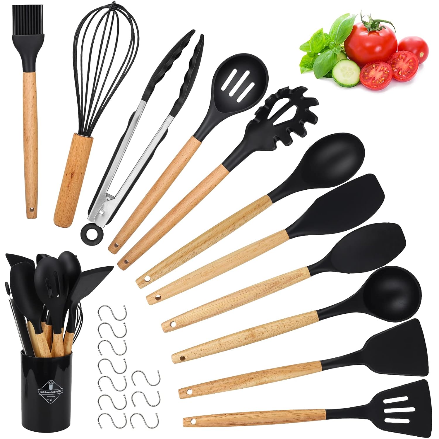 set de 22 Ustensiles de Cuisine Résistante à Chaleur avec Manche en Bois - 10 Crochets en S noir Vendos85 - Mathon