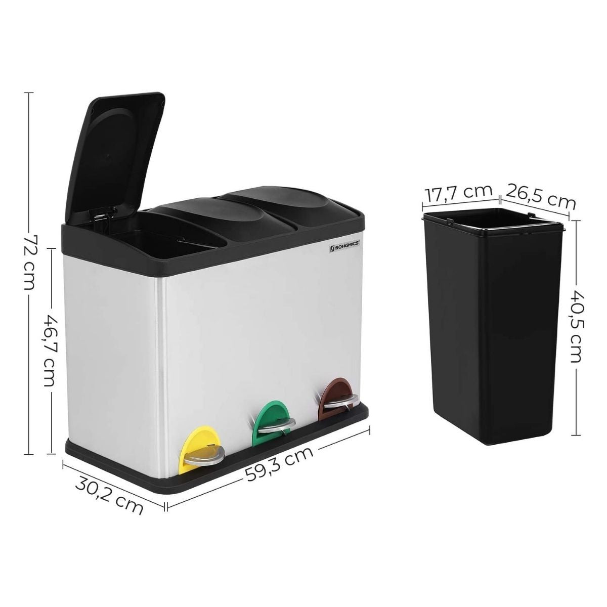 Poubelle de tri 3 bacs de 15L à pédale gris argenté Calicosy - Mathon - 4
