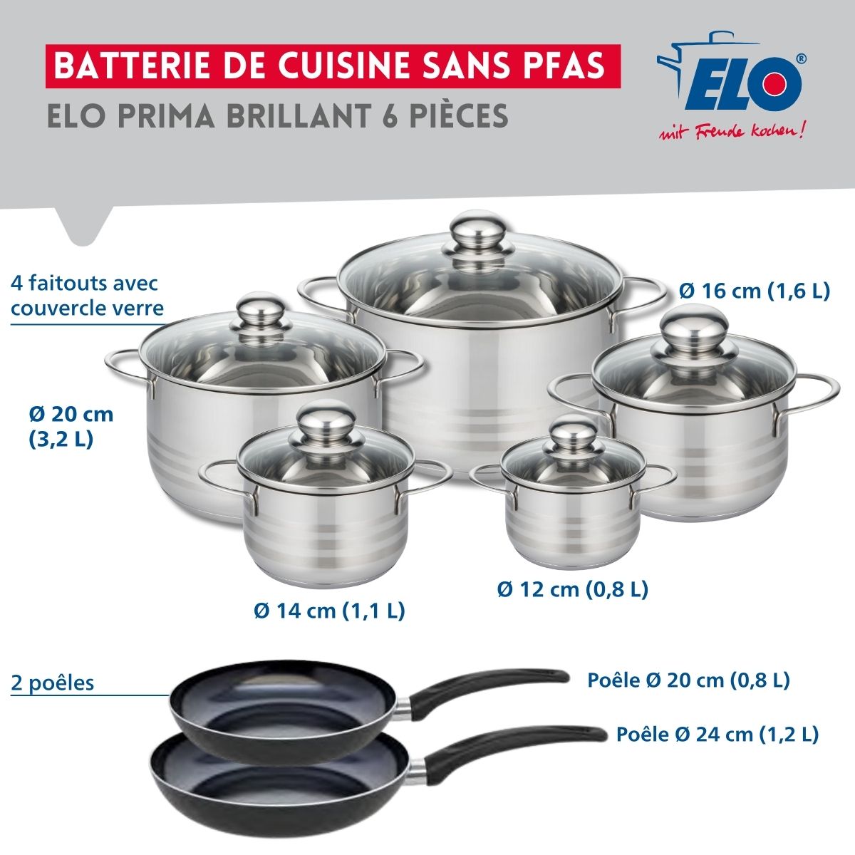 Ensemble de 2 Poêles de cuisson 20 et 24 cm et 5 faitouts 12, 14, 16, 20 et 24 cm  Prima Brillant Elo - Mathon - 2