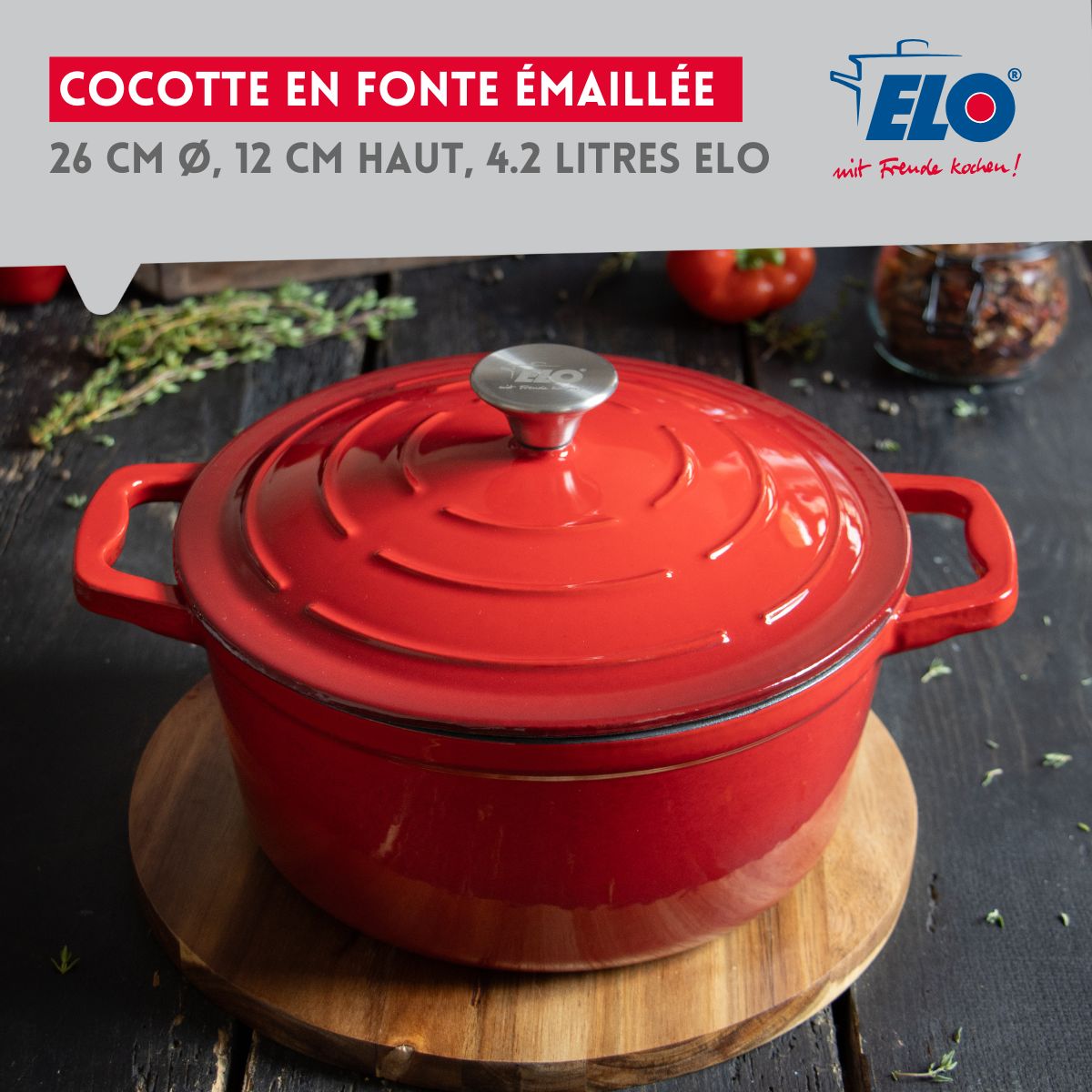 Cocotte en fonte émaillée 26 cm rouge cerise 4.5 L Elo - Mathon - 2