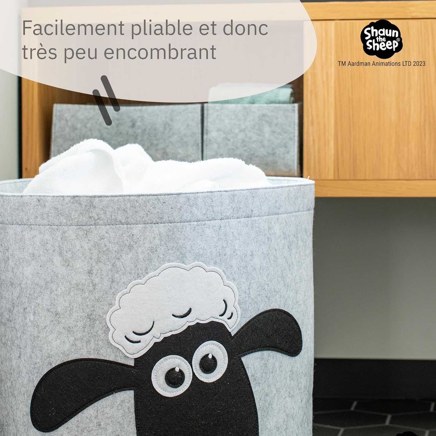 Panier à linge sale gris en feutre motif tête de mouton Lifeney Shaun le mouton Fackelmann - Mathon - 6