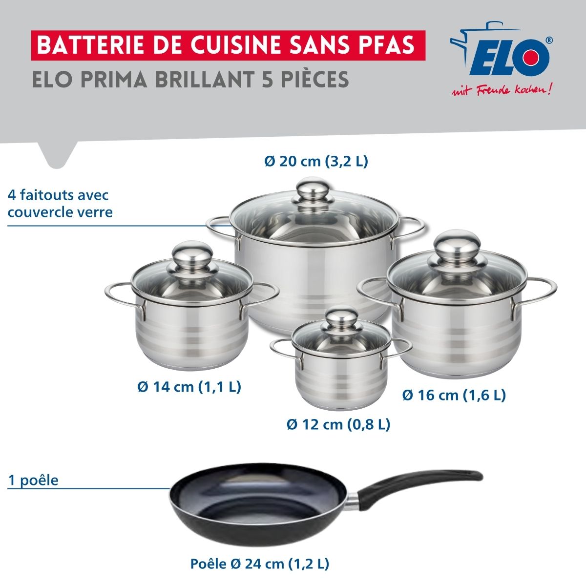 Ensemble de 1 Poêle de cuisson 24 cm et 4 faitouts 12, 14, 16 et 20 cm  Prima Brillant Elo - Mathon - 2