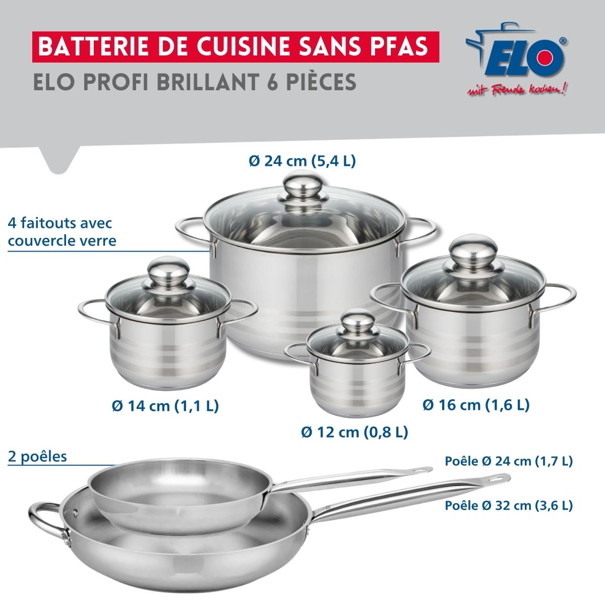 Ensemble de 2 Poêles de cuisson 24 et 32 cm et 4 faitouts 12, 14, 16 et 24 cm  Profi Brillant Elo - Mathon - 2