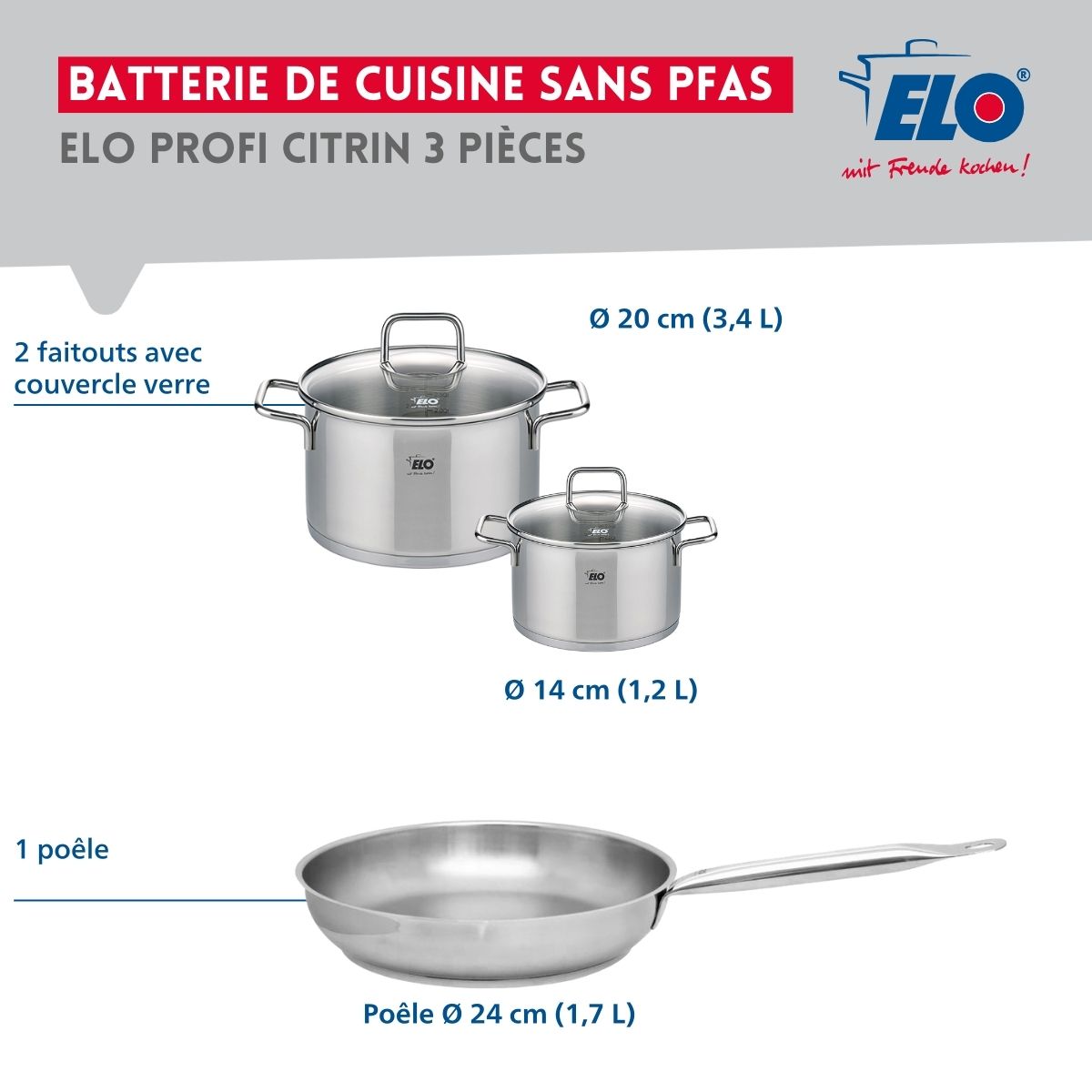 Ensemble de 1 Poêle de cuisson 24 cm et 2 faitouts 14 et 20 cm  Profi Citrin Elo - Mathon - 2