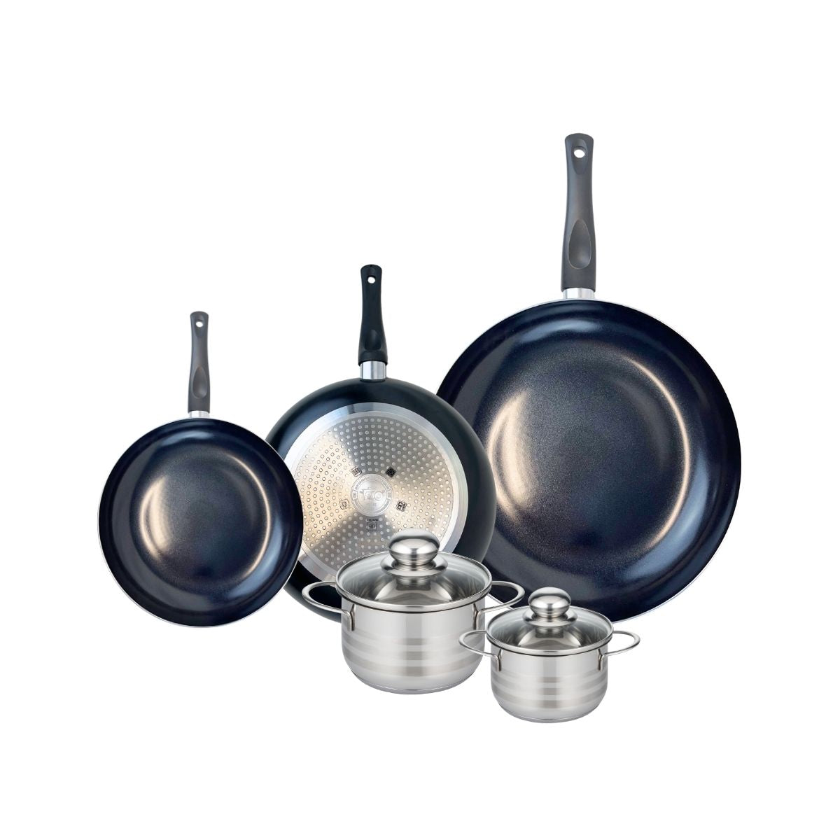 Ensemble de 3 Poêles de cuisson 20, 24 et 32 cm et 2 faitouts 12 et 14 cm  Prima Brillant Elo - Mathon - 1