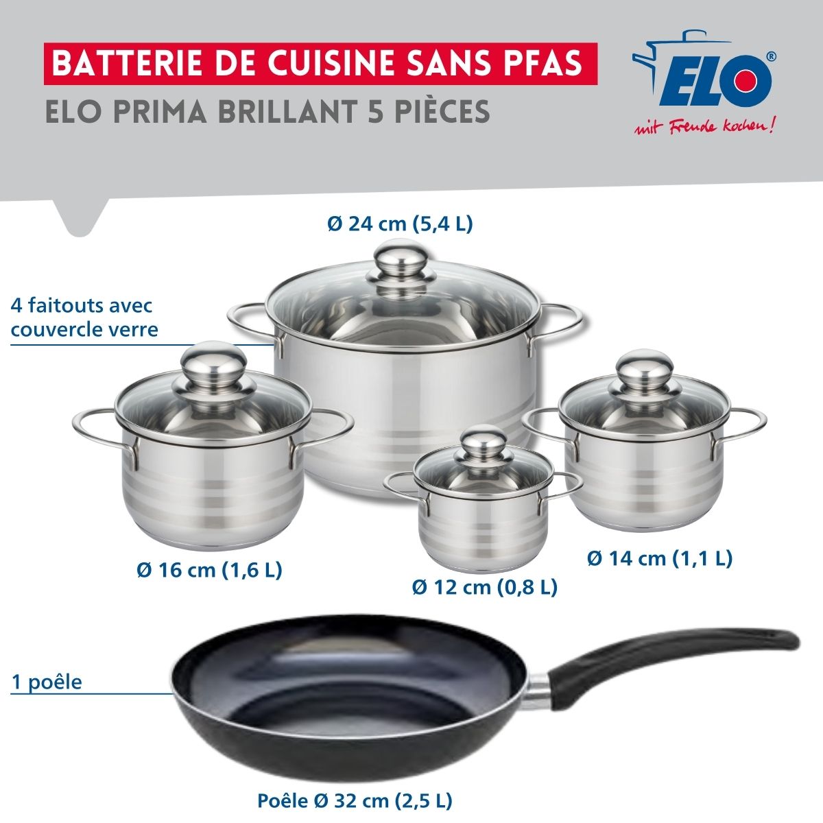 Ensemble de 1 Poêle de cuisson 32 cm et 4 faitouts 12, 14, 16 et 24 cm  Prima Brillant Elo - Mathon - 2