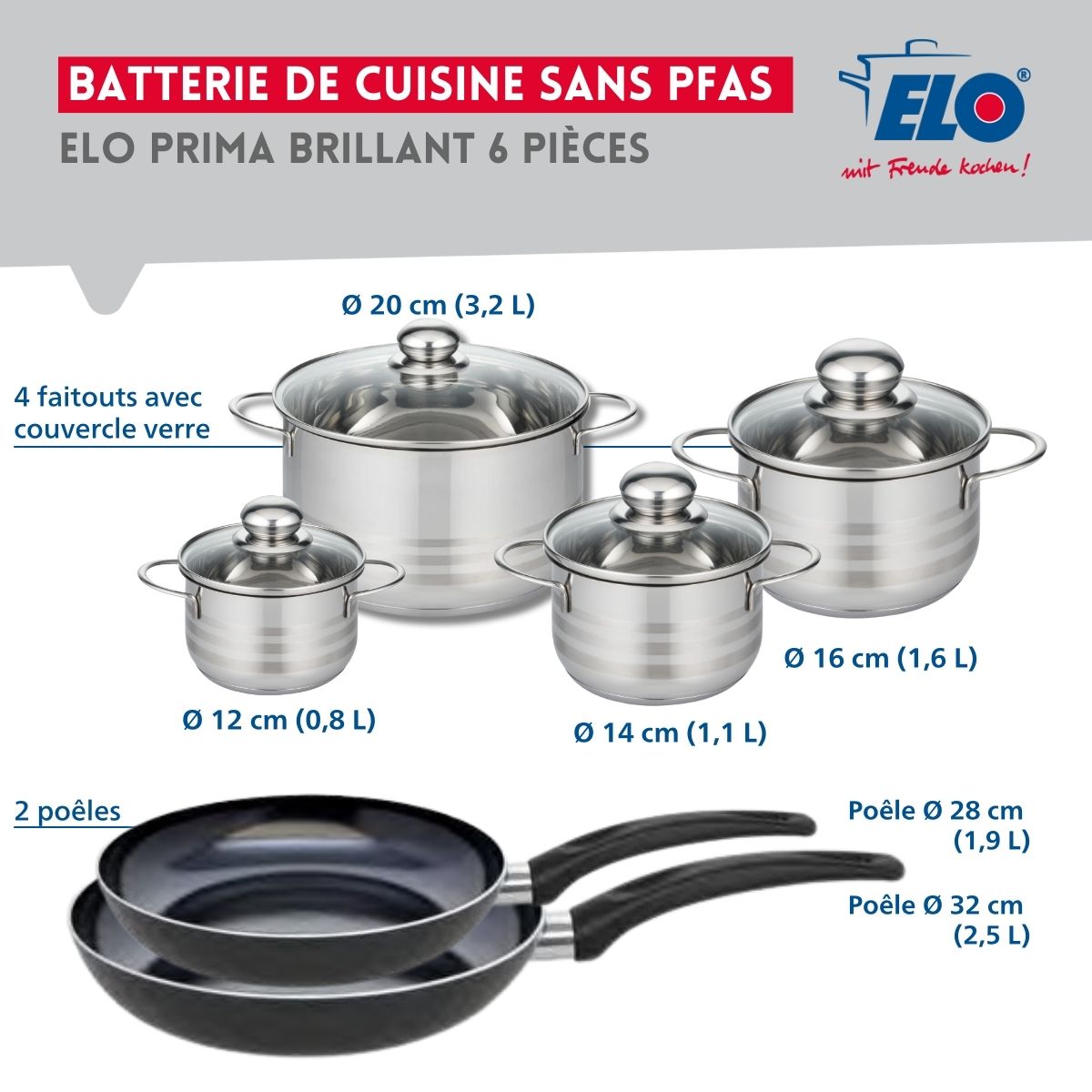 Ensemble de 2 Poêles de cuisson 28 et 32 cm et 4 faitouts 12, 14, 16 et 20 cm  Prima Brillant Elo - Mathon - 2