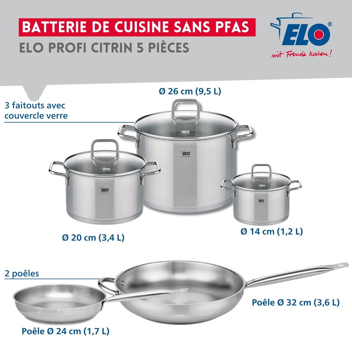 Ensemble de 2 Poêles de cuisson 24 et 32 cm et 3 faitouts 14, 20 et 26 cm  Profi Citrin Elo - Mathon - 2
