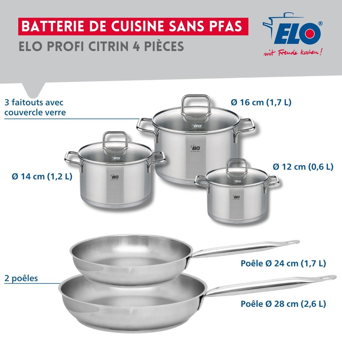 Set de 2 Poêles de cuisson 24 et 28 cm et 3 faitouts 12, 14 et 16 cm  Profi Citrin Elo - Mathon - 2