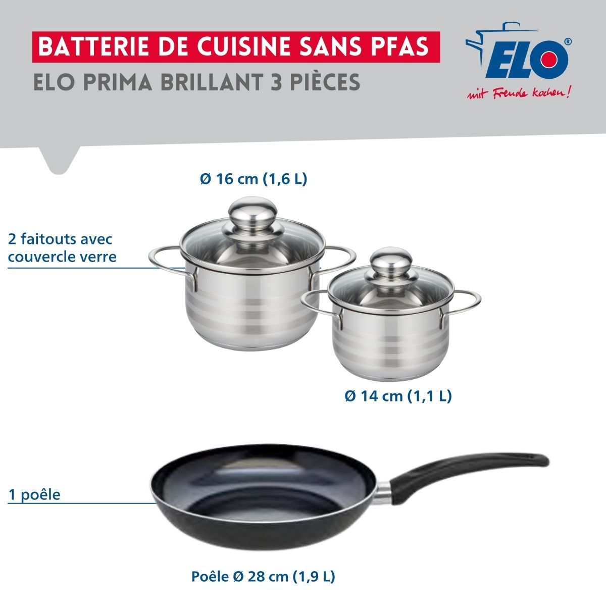 Ensemble de 1 Poêle de cuisson 28 cm et 2 faitouts 14 et 16 cm  Prima Brillant Elo - Mathon - 2