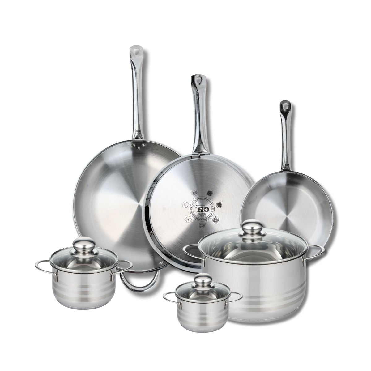 Ensemble de 3 Poêles de cuisson 24, 28 et 32 cm et 3 faitouts 12, 14 et 24 cm  Profi Brillant Elo - Mathon - 1