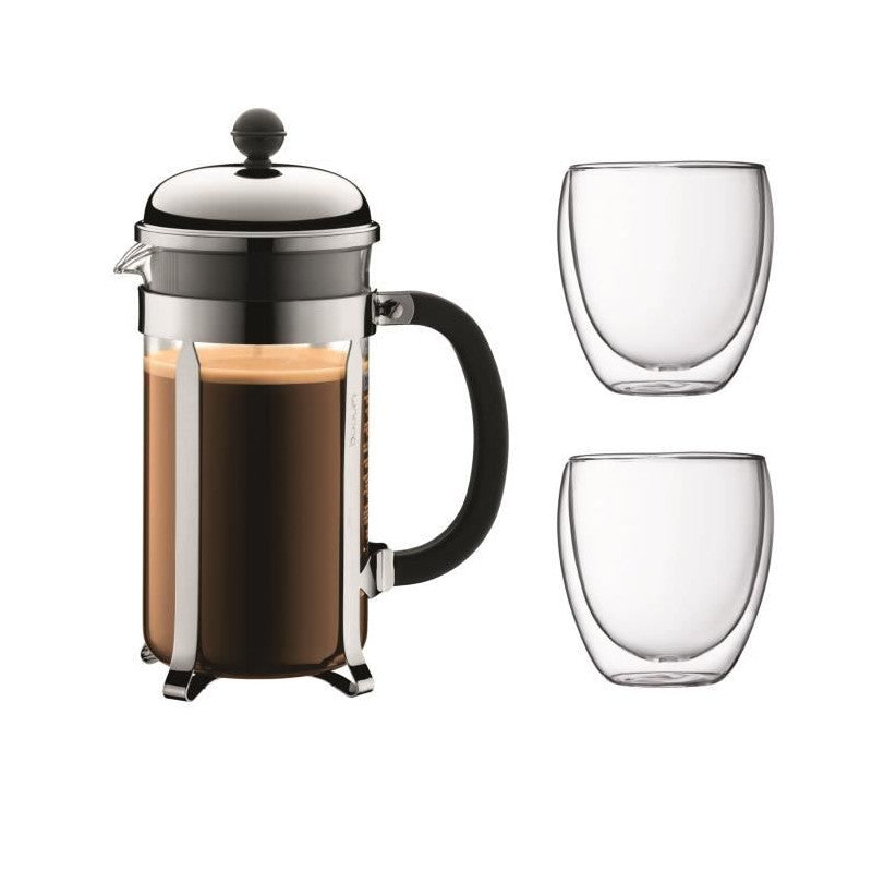 Bodum Chambord Set Cafetiere A Piston - 8 Tasses - 1l - Gris - Avec 2 Verres Double Paroi Pavina 0,35l Bodum - Mathon - 1