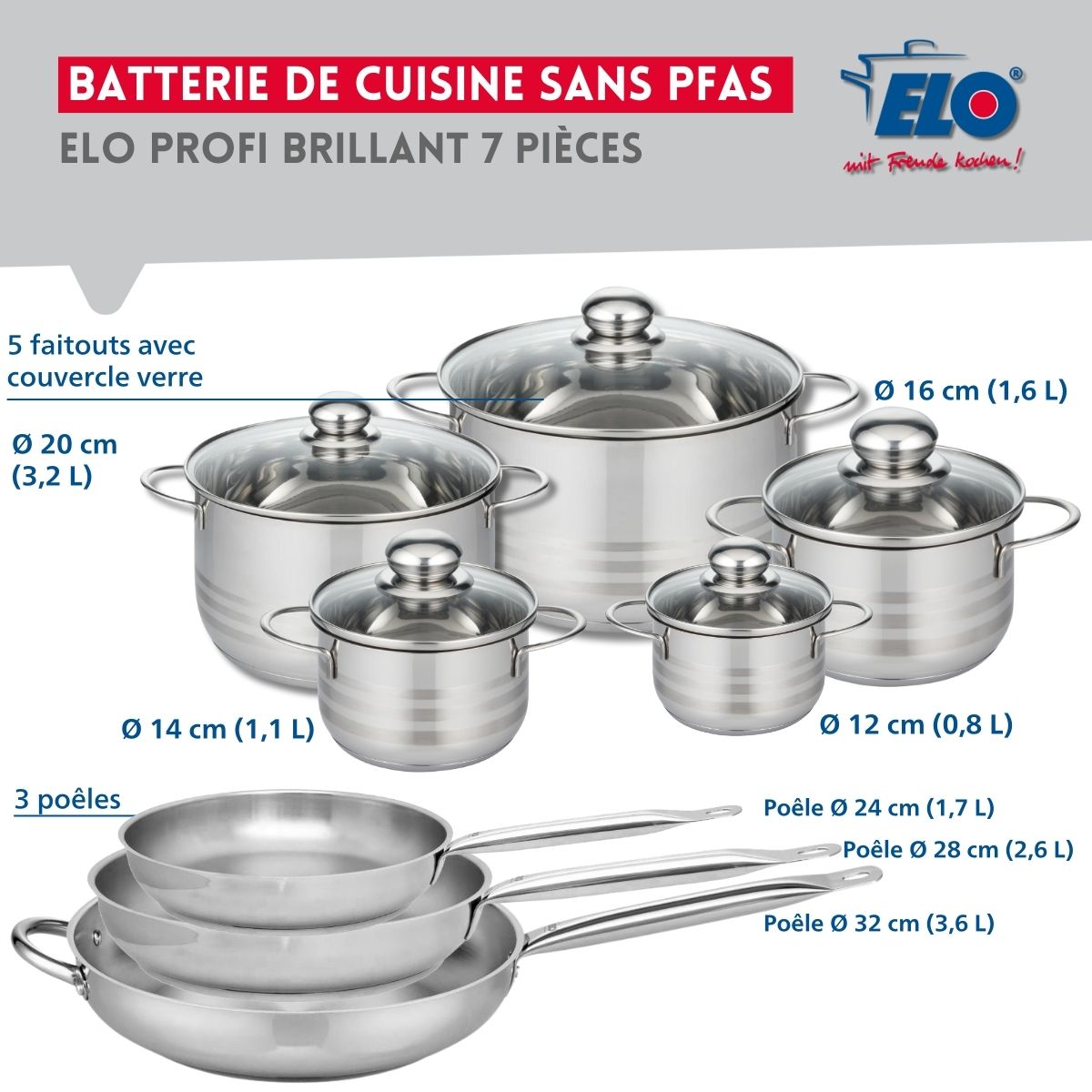 Ensemble de 3 Poêles de cuisson 24, 28 et 32 cm et 5 faitouts 12, 14, 16, 20 et 24 cm  Profi Brillant Elo - Mathon - 2