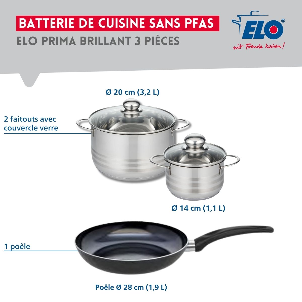 Ensemble de 1 Poêle de cuisson 28 cm et 2 faitouts 14 et 20 cm  Prima Brillant Elo - Mathon - 2