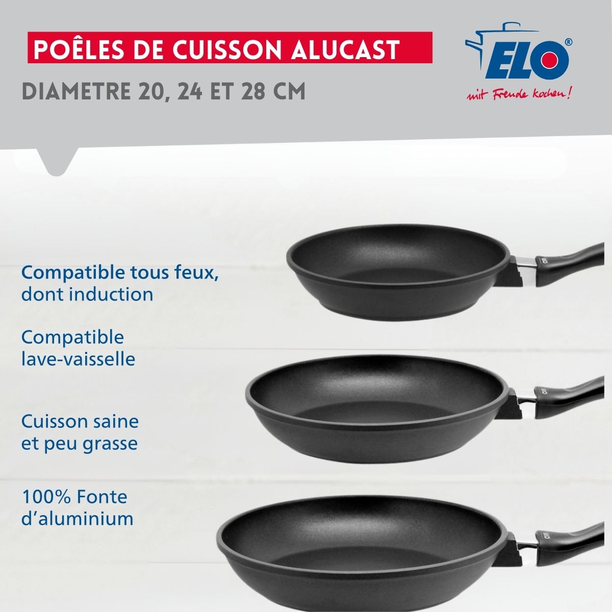 Set de 3 poêles 20 cm 24 cm et 28 cm sans PFAS  Alucast Elo - Mathon - 3