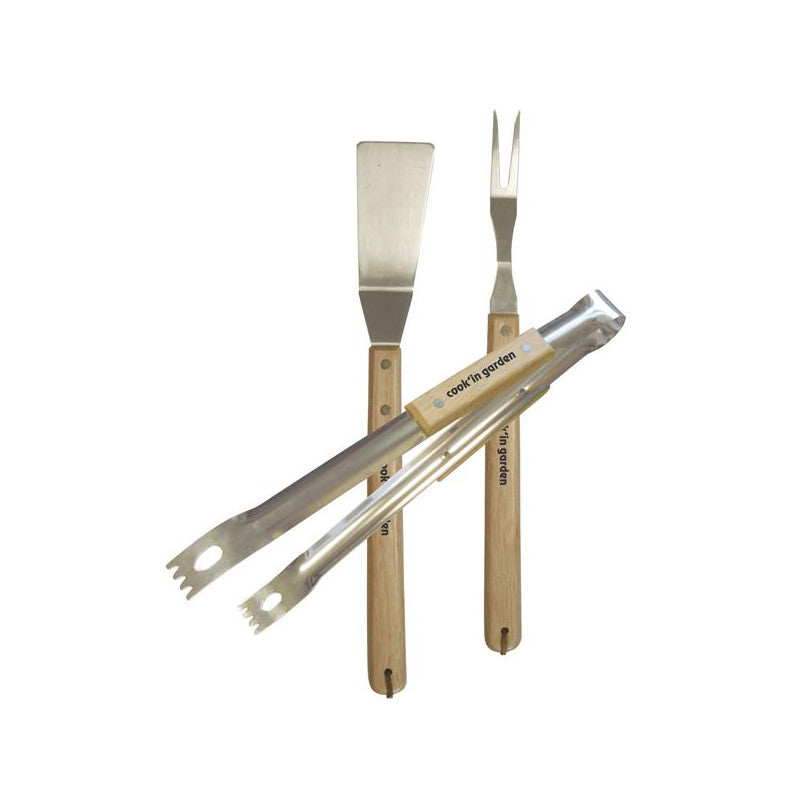 Set 3 Accessoires Manche Bois & Inox : Spatule, Pince, Fourchette Cook In Garden - Ac500 Cook