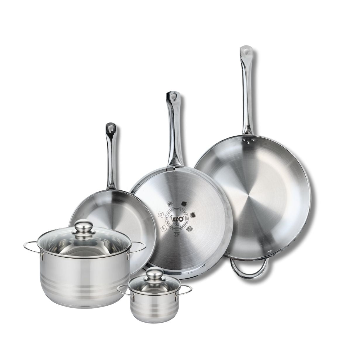 Ensemble de 3 Poêles de cuisson 24, 28 et 32 cm et 2 faitouts 12 et 20 cm  Profi Brillant Elo - Mathon - 1