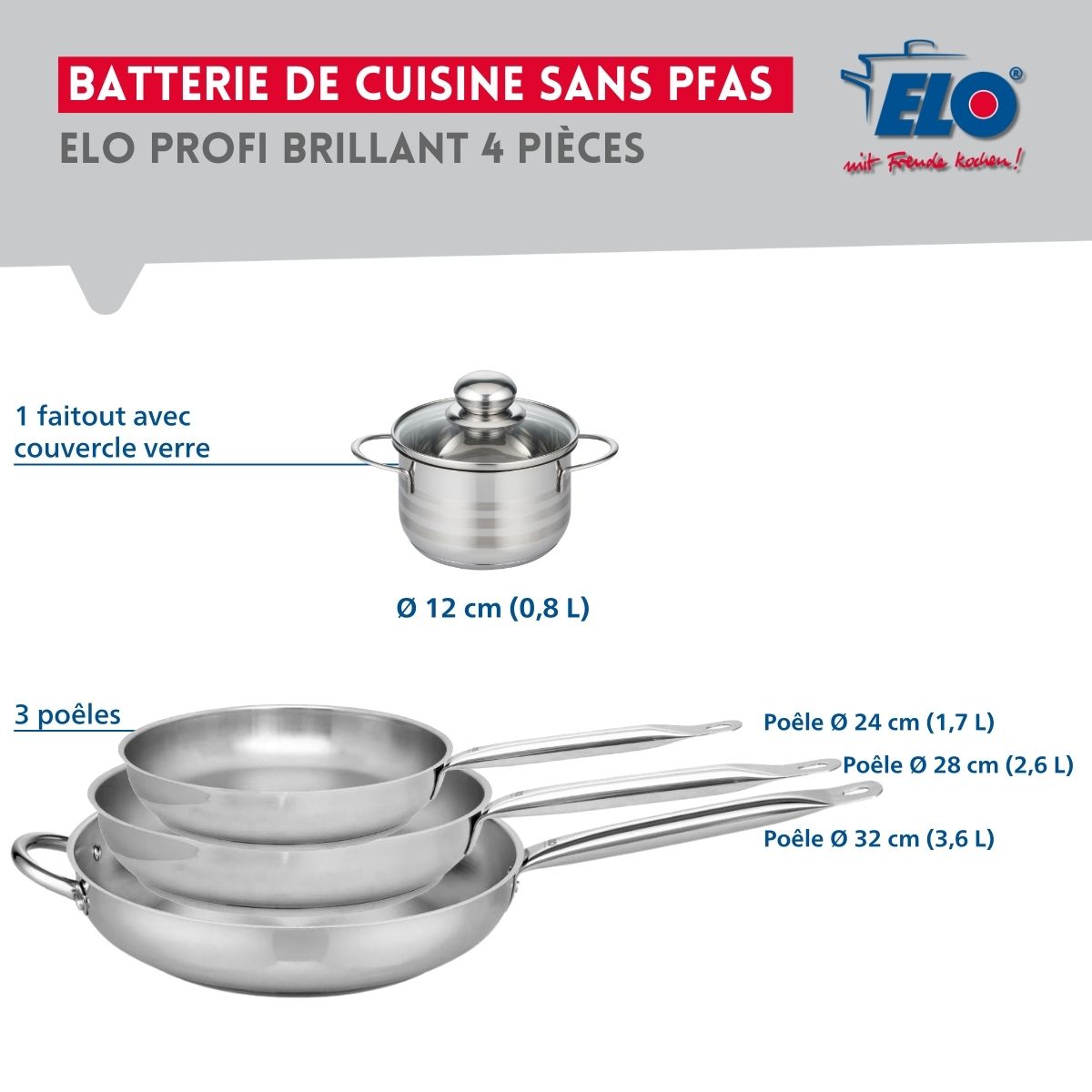 Ensemble de 3 Poêles de cuisson 24, 28 et 32 cm et 1 faitout 12 cm  Profi Brillant Elo - Mathon - 2