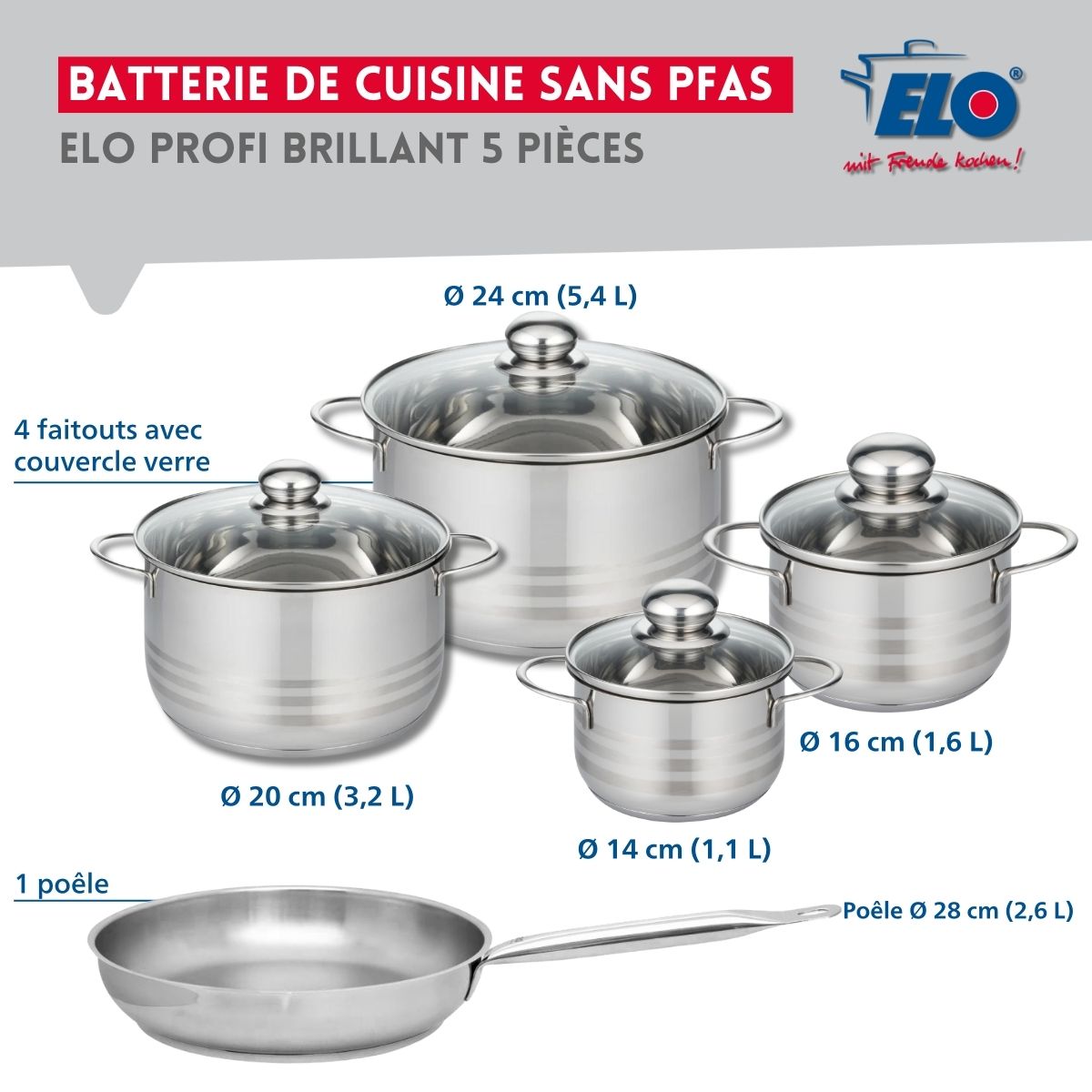 Ensemble de 1 Poêle de cuisson 28 cm et 4 faitouts 14, 16, 20 et 24 cm  Profi Brillant Elo - Mathon - 2