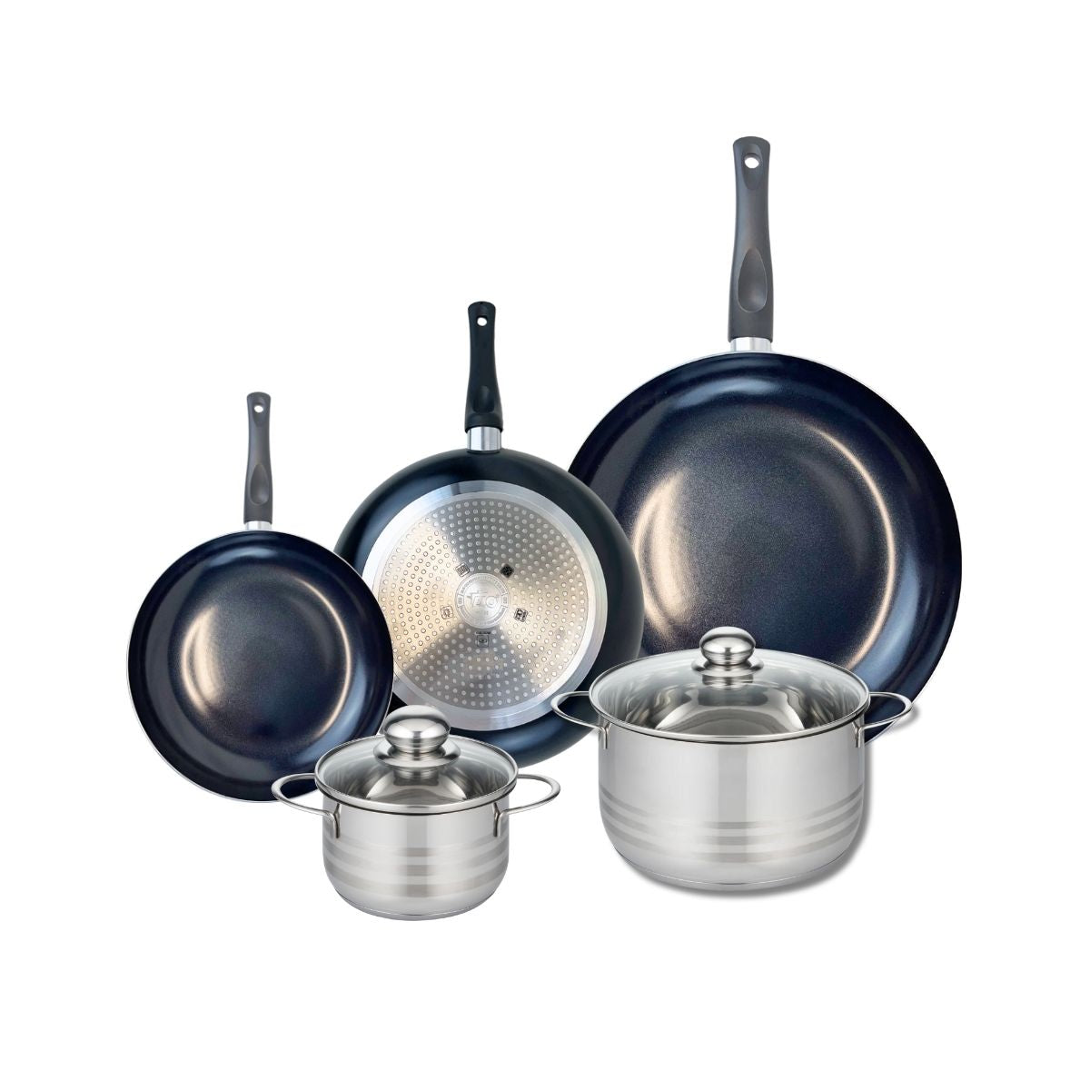 Ensemble de 3 Poêles de cuisson 20, 24 et 32 cm et 2 faitouts 14 et 20 cm  Prima Brillant Elo - Mathon - 1