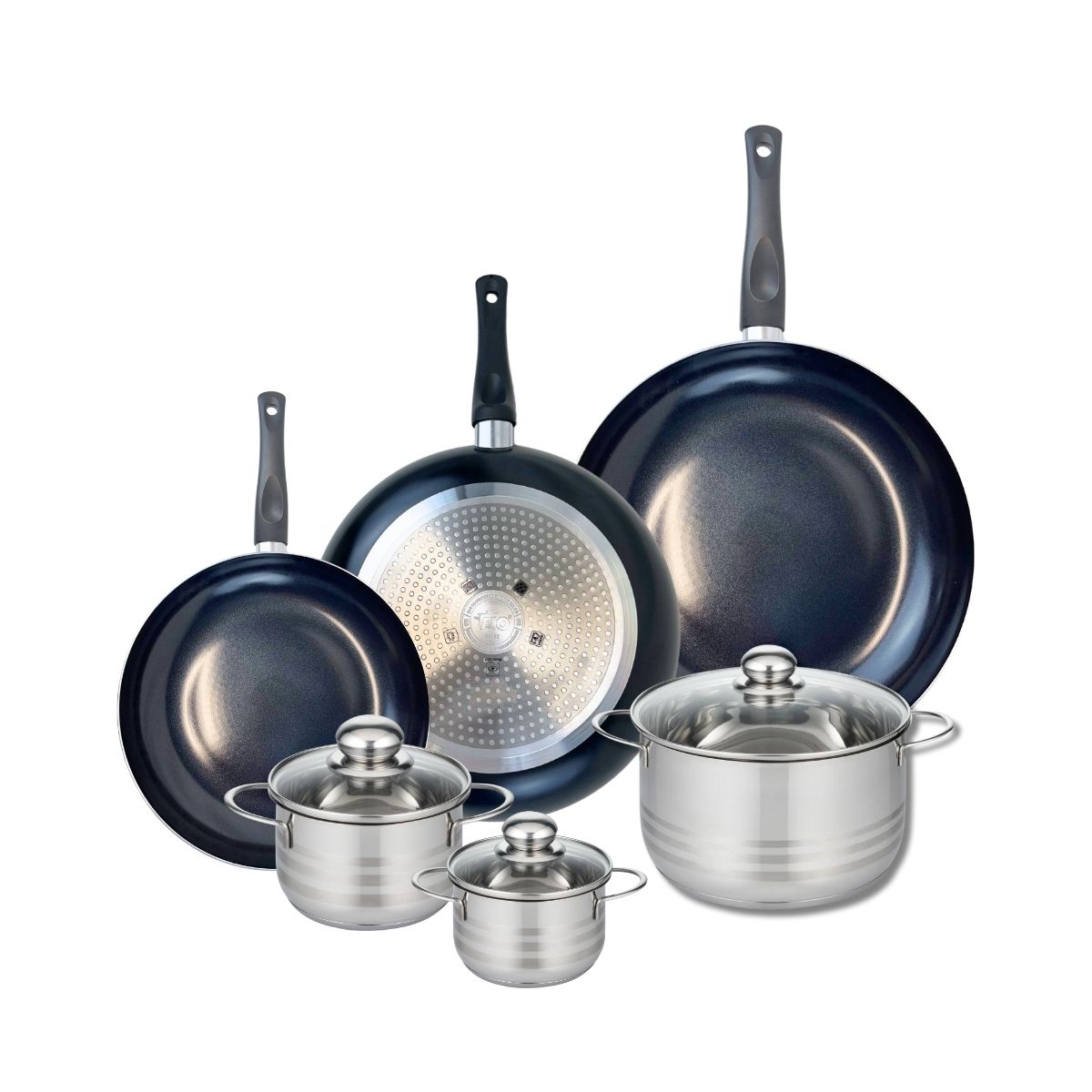 Ensemble de 3 Poêles de cuisson 24, 28 et 32 cm et 3 faitouts 12, 14 et 20 cm  Prima Brillant Elo - Mathon - 1