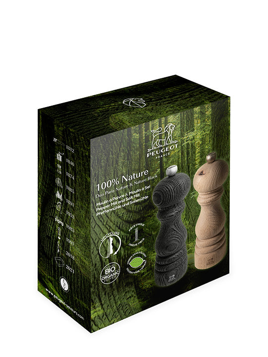 100% Nature Duo de moulins à poivre et à sel manuels en bois revalorisé Nature et Nature Black, 18 cm Peugeot - Mathon - 4