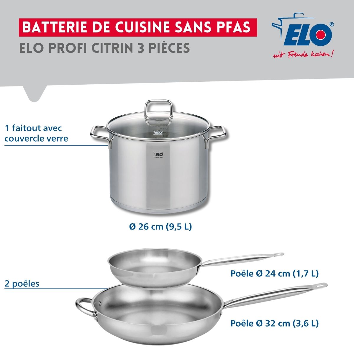 Ensemble de 2 Poêles de cuisson 24 et 32 cm et 1 faitout 26 cm  Profi Citrin Elo - Mathon - 2