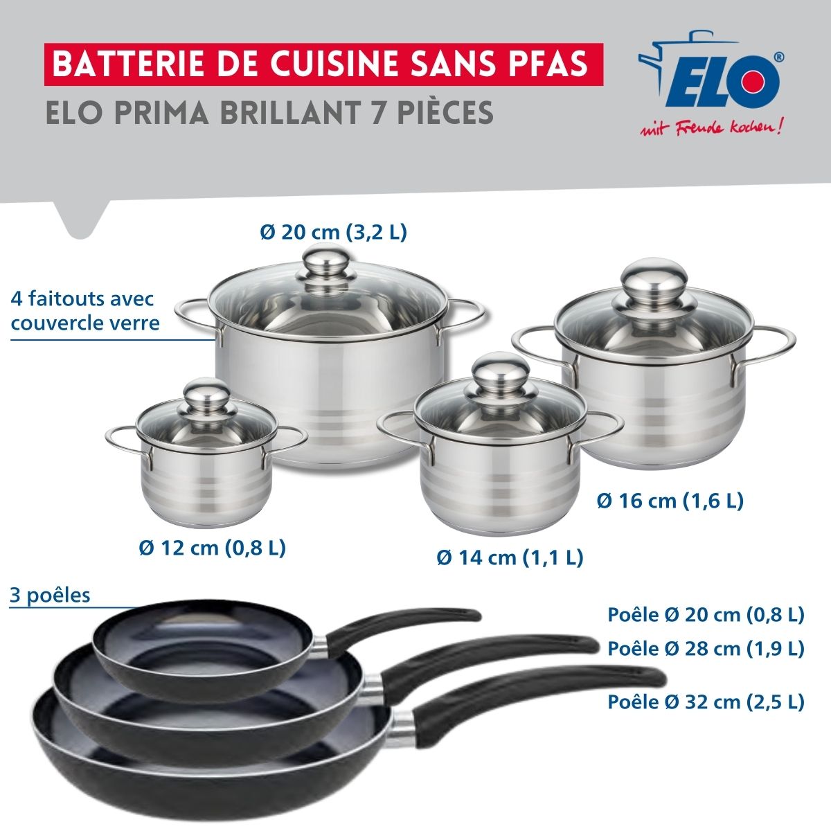 Ensemble de 3 Poêles de cuisson 20, 28 et 32 cm et 4 faitouts 12, 14, 16 et 20 cm  Prima Brillant Elo - Mathon - 2