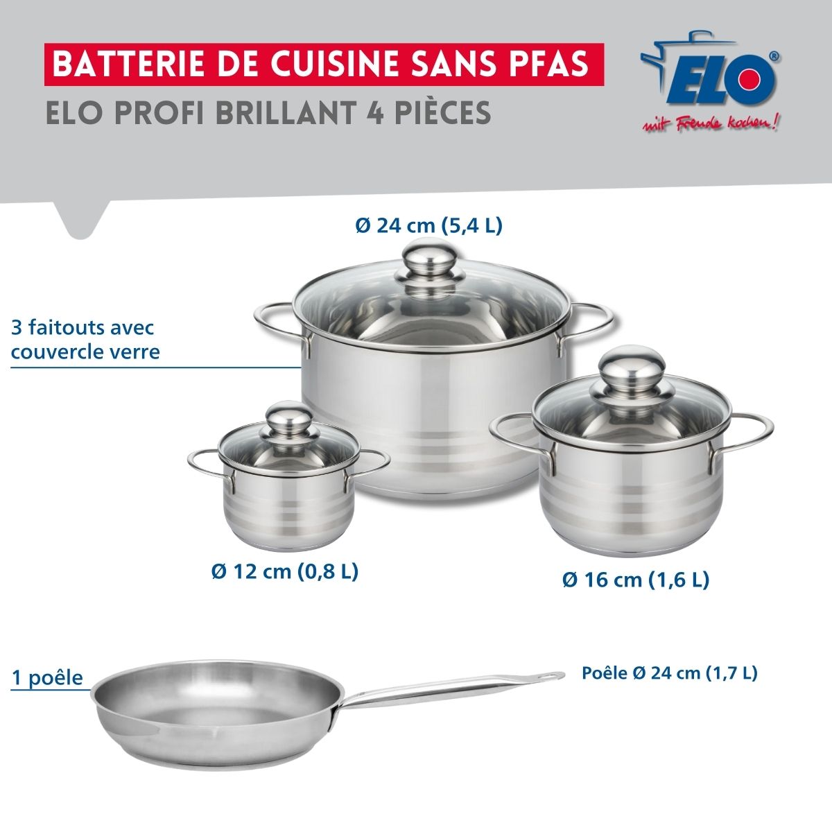 Ensemble de 1 Poêle de cuisson 24 cm et 3 faitouts 12, 16 et 24 cm  Profi Brillant Elo - Mathon - 2