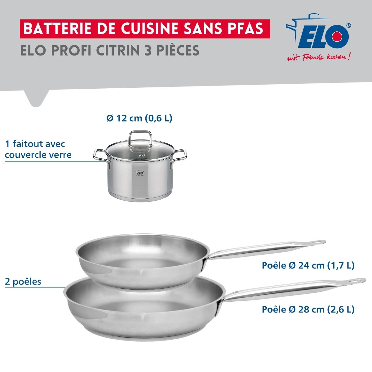 Set de 2 Poêles de cuisson 24 et 28 cm et 1 faitout 12 cm  Profi Citrin Elo - Mathon - 2