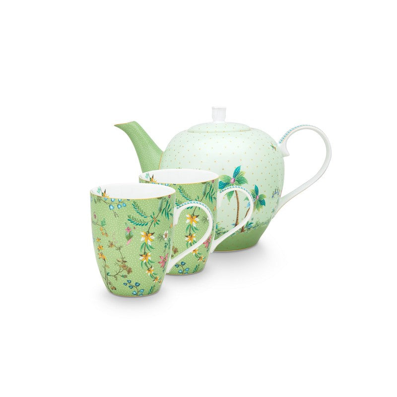 Coffret service à thé 2 grands mugs 350ml & théière 1,6L fleurs Jolie vert Pip Studio - Mathon