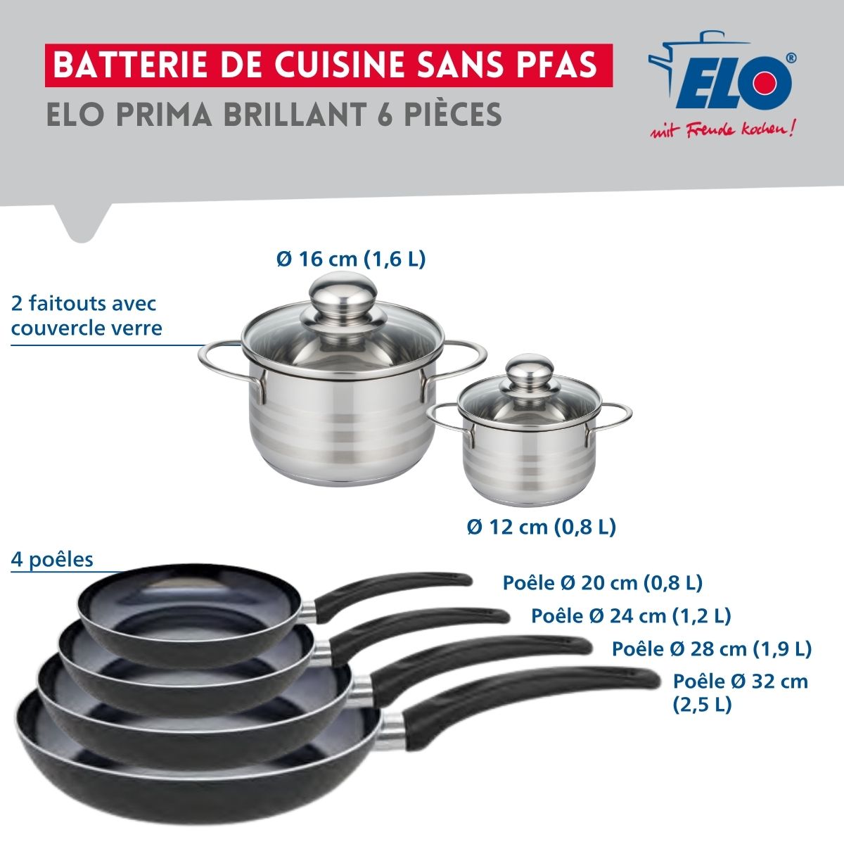 Ensemble de 4 Poêles de cuisson 20, 24, 28 et 32 cm et 2 faitouts 12 et 16 cm  Prima Brillant Elo - Mathon - 2