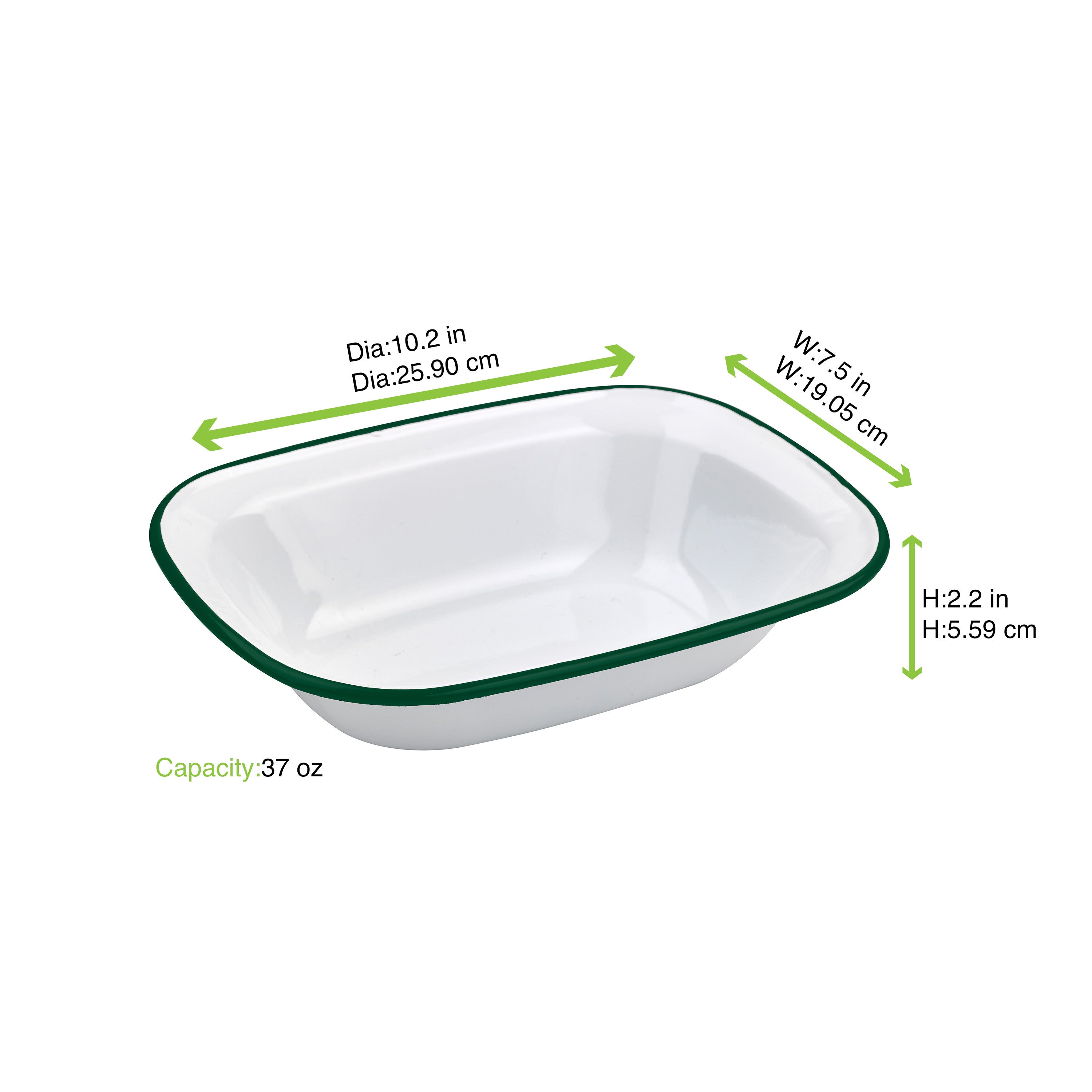 12Pcs - Barquette ou saladier blanc en acier émaillé à bord vert  260x190x55mm 1100ml FirstPack - Mathon