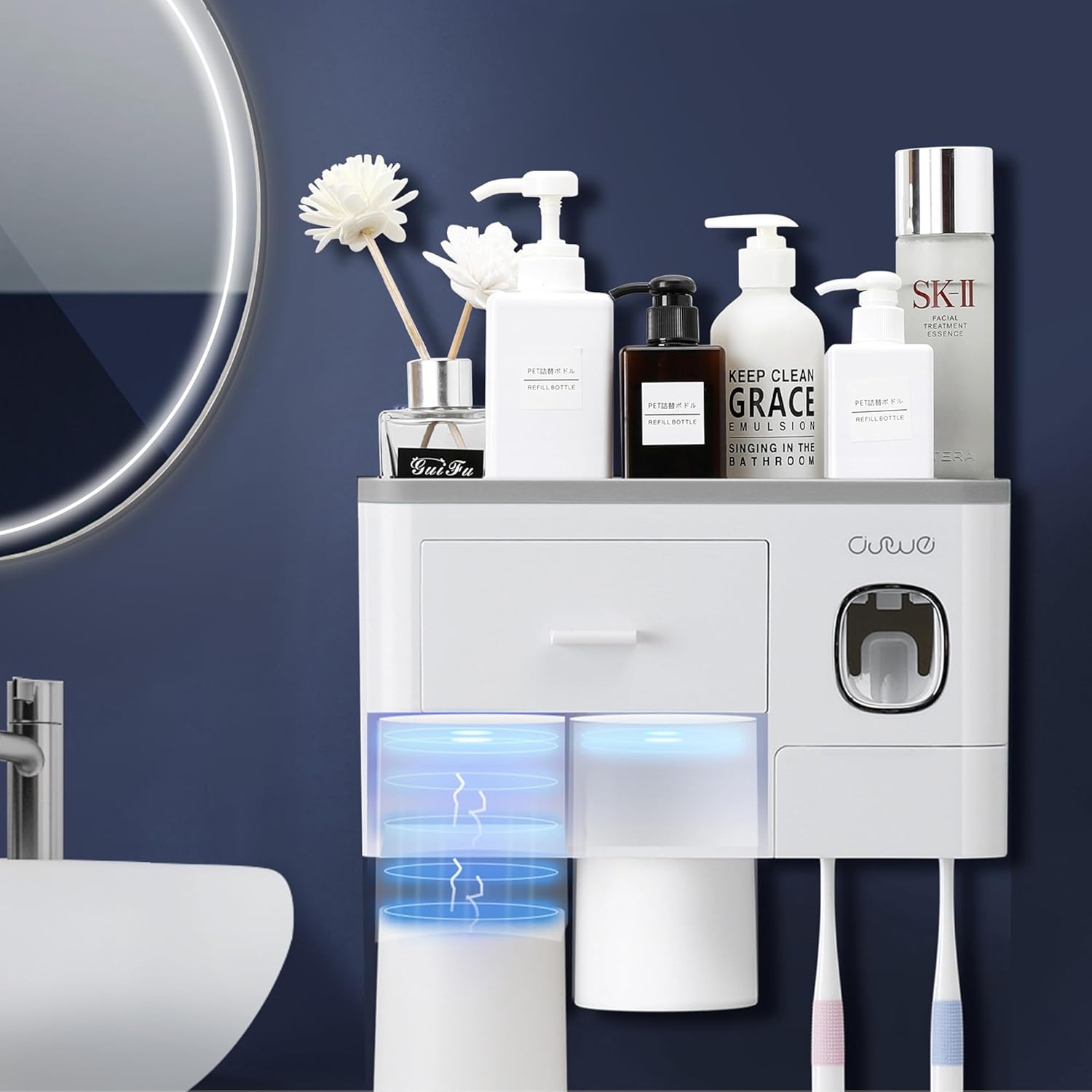 Porte Brosse à Dents Mural avec 6 Fentes pour Brosse à Dents et 2 Gobelets Magnétiques blanc Vendos85 - Mathon