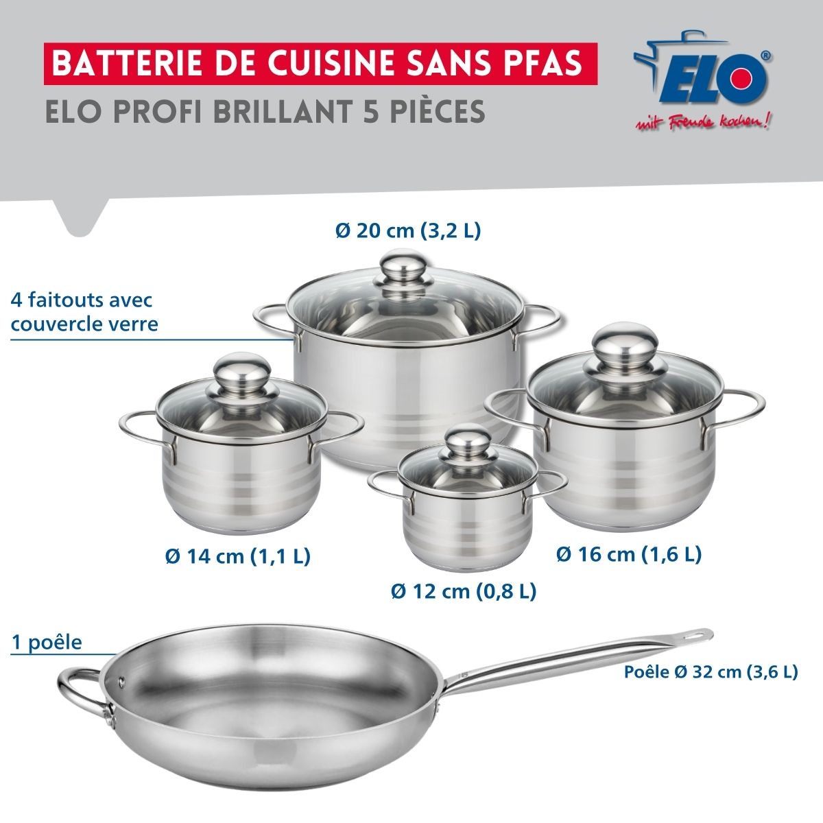 Ensemble de 1 Poêle de cuisson 32 cm et 4 faitouts 12, 14, 16 et 20 cm  Profi Brillant Elo - Mathon - 2