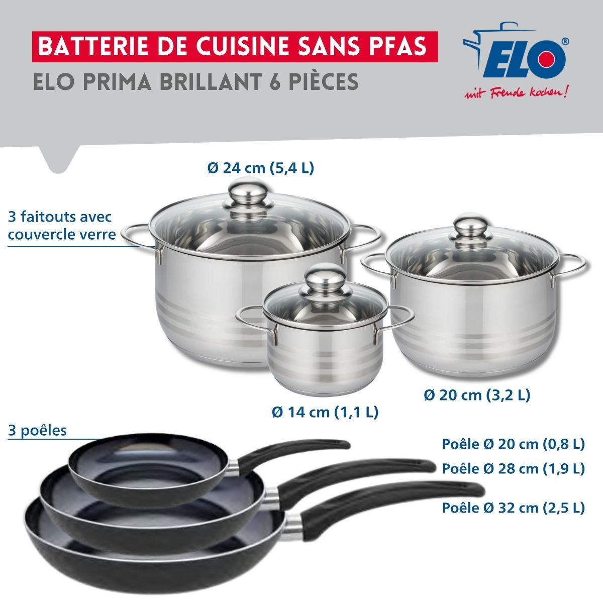 Ensemble de 3 Poêles de cuisson 20, 28 et 32 cm et 3 faitouts 14, 20 et 24 cm  Prima Brillant Elo - Mathon - 2