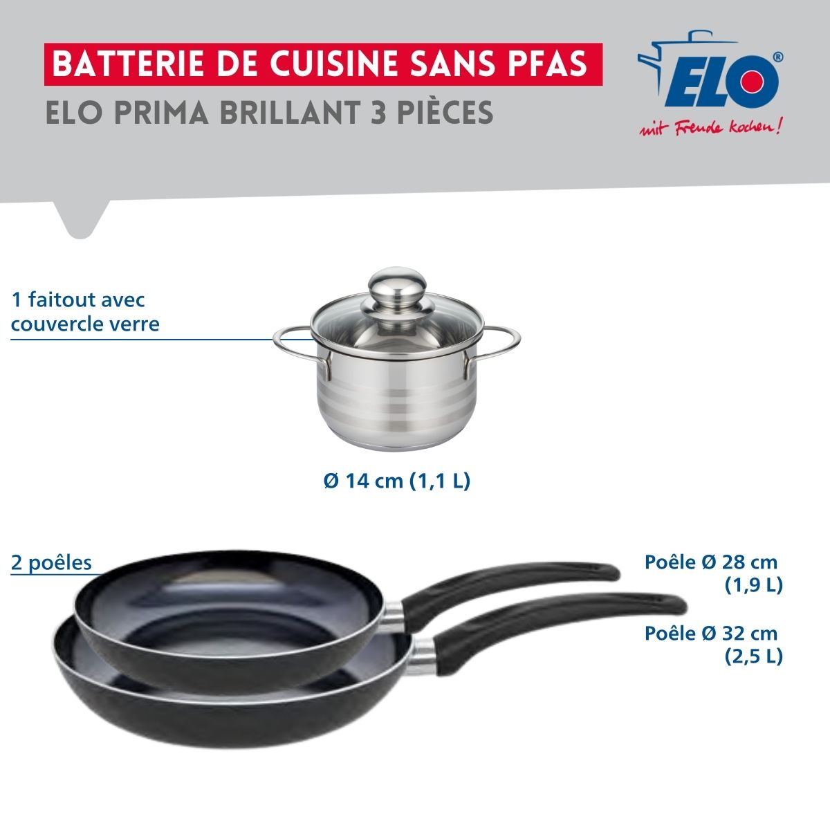 Ensemble de 2 Poêles de cuisson 28 et 32 cm et 1 faitout 14 cm  Prima Brillant Elo - Mathon - 2