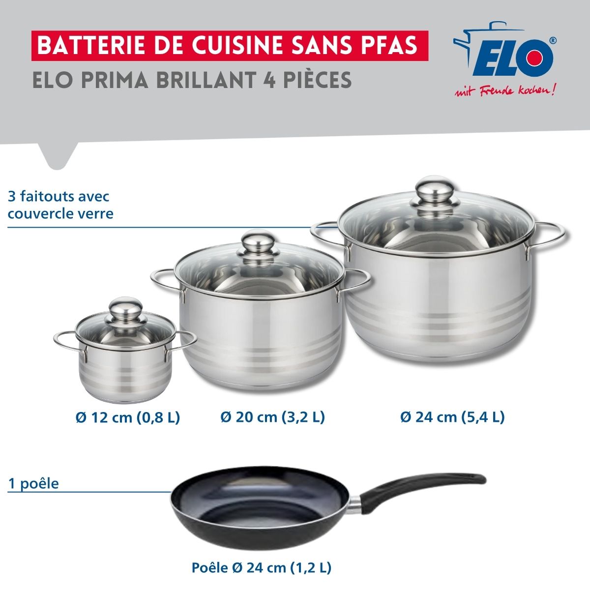 Ensemble de 1 Poêle de cuisson 24 cm et 3 faitouts 12, 20 et 24 cm  Prima Brillant Elo - Mathon - 2