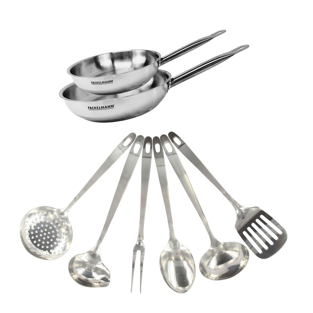 Set de 2 poêles de 20 et 24 cm en inox et 6 ustensiles inox  Eterna Fackelmann - Mathon - 1