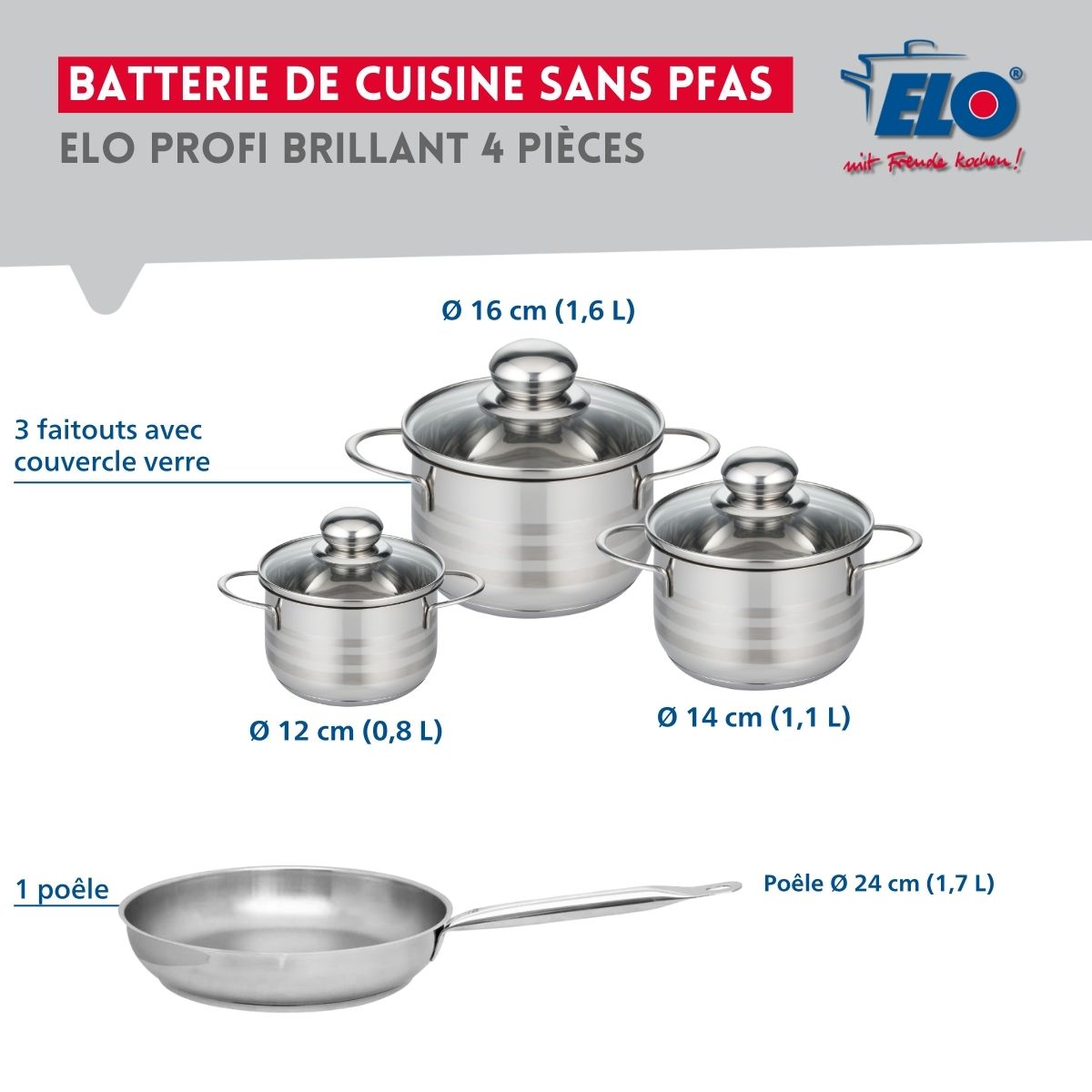 Ensemble de 1 Poêle de cuisson 24 cm et 3 faitouts 12, 14 et 16 cm  Profi Brillant Elo - Mathon - 2